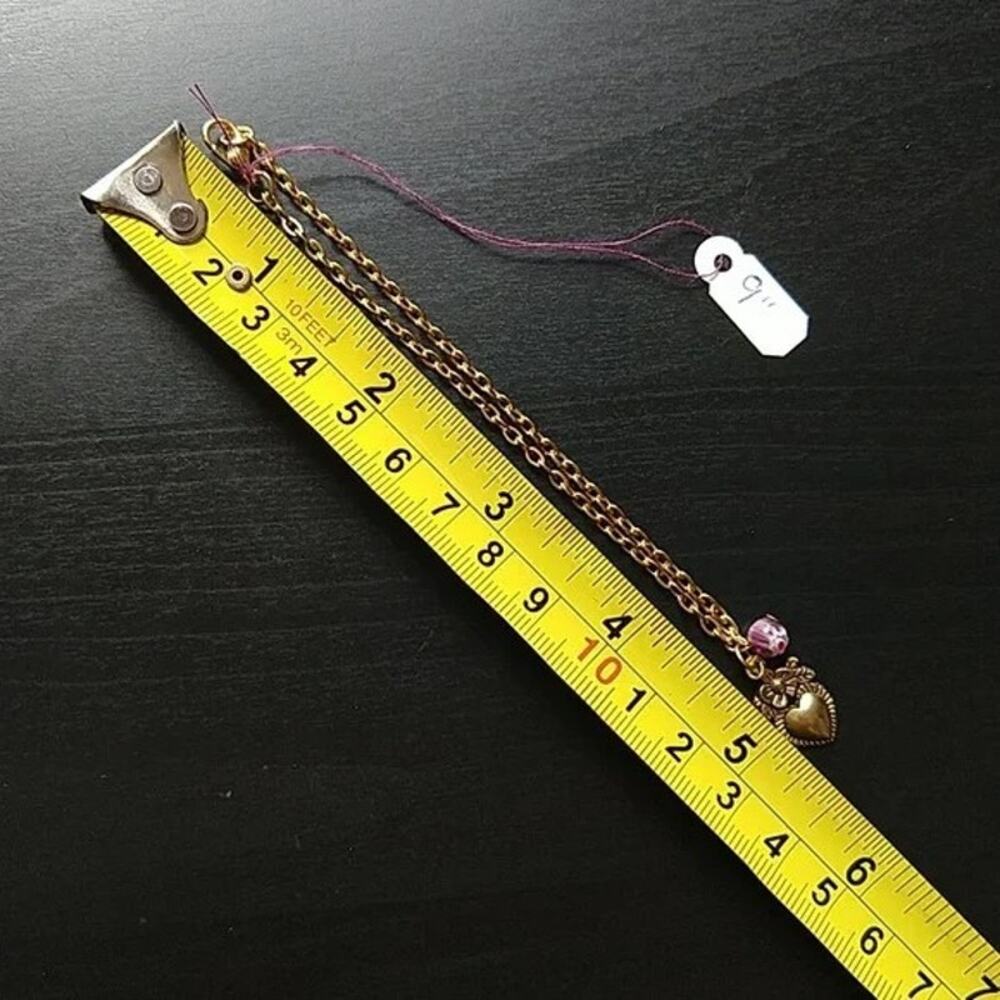 Anklet, Gold Heart Flower + Glass Bead 9" old new stock fashion jewelry - Picture 5 of 5
